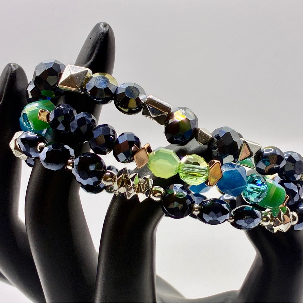 Blue & Green Faceted Stretch Bracelet Set with Metallic Accents